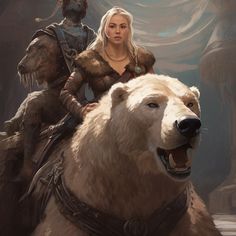 a woman riding on the back of a white bear next to a man in armor