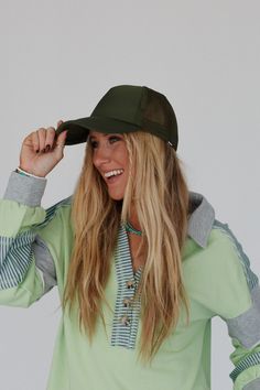 You'll add the perfect effortless touch to any outfit with this cool Desert Drift Trucker Hat - perfect to elevate your boho style! Classic foam Timeless trucker hat silhouette Adjustable fit Mesh piecing at back *Due to lighting and differences in monitors, actual colors may vary slightly from what appears online. Model is 5'8" and wearing a size One Size. Approximate measurements are as follows: ONE SIZE: Circumference: 22", Brim Width: 3" 100% Polyester Hand wash cold, Lay flat to dry Import Hat Silhouette, Boho Essentials, Bralette Outfit, New Tops, Style Classic, Sweater Jacket, Boho Style, Trending Accessories, Lay Flat