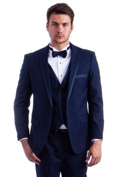 Men's One Button Peak Wedding Tuxedo with Satin Trim in Navy Blue Cowboy Tuxedo, Jessica Clark, Suit Styles, Wedding Tuxedo, Tuxedo Wedding, Flat Front Pants, Tuxedo Shirts, Peak Lapel, Bolo Tie