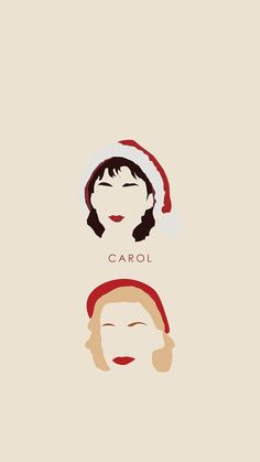 two women wearing santa hats with the words carol on them and one woman's head in