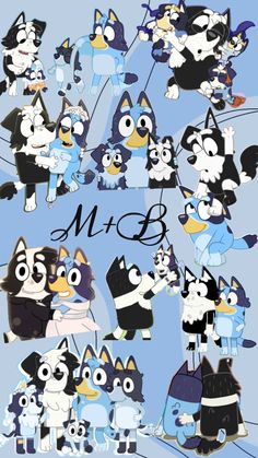 many different types of cartoon characters are shown in this image, with the letters m and b