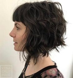 Curly Bob with Short Straight Bangs Ramona Flowers Haircut, Cropped Bangs, A Line Bob With Bangs, Wavy Bob With Bangs, Short Messy Bob, Edgy Bob, Layered Bob With Bangs, Layered Bob Haircuts, Layered Bob Short