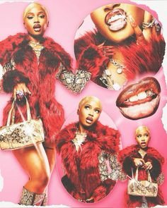 a collage of photos with different women in fur coats and purses on pink background