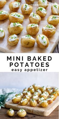 mini baked potatoes on a cutting board with text overlay reading mini baked potatoes easy appetizer