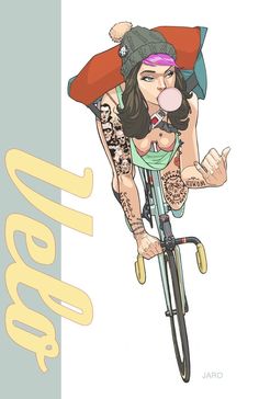 a drawing of a woman riding a bike with tattoos on her arms and legs, holding a bubble