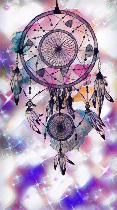 a drawing of a dream catcher with feathers and beads on it's sides, against a multicolored background