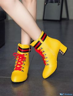 OrcaJump - Womens Lace-up High Heel Pointed Toe PU Leather Zipper Boots - Solid White, Black, and Yellow - Fall Ankle-high Lace-up Boots With Zipper Closure For Spring, Yellow Round Toe Heeled Boots For Fall, Yellow High Heel Boots For Fall, Party Lace-up Boots With Zipper And Round Toe, Party Lace-up Boots With Zipper Closure And Round Toe, Yellow High-top Boots For Fall, Fall Heels, Lace Up High Heels, Boots Style