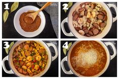 four pictures showing the steps to make a stew