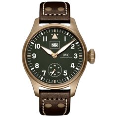 Brand New Authentic IWC Big Pilot's Spitfire Mission Accomplished Edition Manual Winding Green Dial Bronze Brown Leather Strap Men's Luxury Watch Model IW510506. Brushed Bronze case with Brown Calfskin Leather Strap . Tang clasp. Smooth bezel. Dial description: Luminous Bronze Tone Hands and Arabic Numeral Hour Markers with Minute Markers Around the Outer Rim, a Sub-dial, and the Date at 12 o'clock on a Green Dial. Swiss Manual Winding movement. Calendar: Date at 12 o'clock. Chronograph sub-dials display: Date, Seconds. Powered by IWC Calibre 59235 engine with 192 hours power reserve. Watch functions: Date, Hour, Minute, Second, Power Reserve. Screw Down crown. Scratch Resistant Sapphire crystal. Unique case shape. Case size: 46.2mm. Case thickness: 15.2mm. Solid case back. 60 Meters - 200 Mission Accomplished, Calendar Date, Old Watches, Brushed Bronze, Brown Leather Strap, Eyewear Womens, Mens Luxury, Watch Model, Luxury Watches For Men