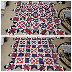 two pictures of the same quilt on the floor, one with different colors and shapes