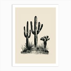 a black and white cactus illustration on a beige background