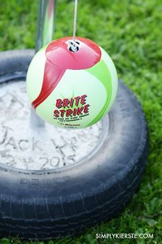 a ball and stick on top of a tire in the grass