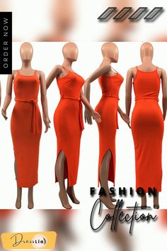 three mannequins in different styles and colors, each wearing an orange dress