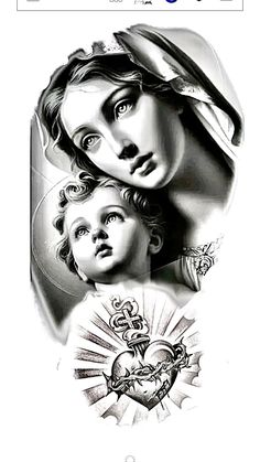 an image of the virgin mary and child jesus in black and white, on a phone screen