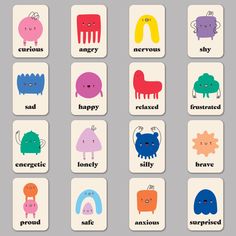 the words are in different colors and shapes, with an image of animals on them