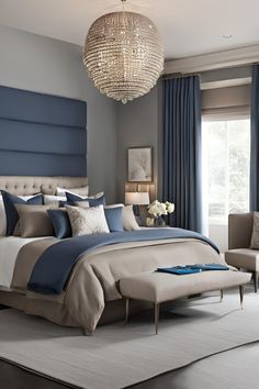 a bedroom with a large bed and blue curtains