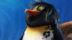 an animated penguin with black and yellow feathers