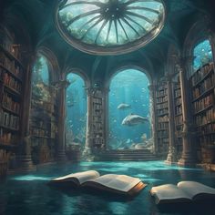 an underwater library with books floating in the water