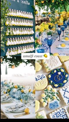 the table is decorated with blue and yellow cookies, lemons, and other decorative items