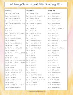 the printable schedule for sunday chromological table reading plan is shown in yellow and pink