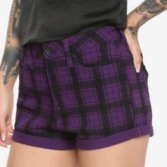 Move Over Red! Make Way For Purple Plaid! These Hi-Rise, Folded Hem Shorts Have 5-Pocket Styling, And Single Button And Zipper Closure, And Are Perfect To Wear Any Way You Want. 98% Cotton; 2% Spandex Wash Cold; Dry Low Imported 4" Inseam With 1" Double Folded Hem Listed In Junior Sizes Edgy Fitted Purple Bottoms, Fitted Edgy Purple Bottoms, Trendy Purple Cotton Bottoms, High-waisted Purple Bottoms With Built-in Shorts, Purple Fitted Cotton Shorts, Purple Cotton Bottoms Short Length, Purple Cotton Short Bottoms, Trendy Purple Shorts, Purple High Waist Cotton Shorts