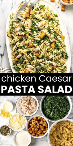 pasta salad with chicken, kale and parmesan cheese in bowls on the side