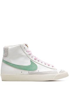 white light grey pink light green signature Swoosh logo detail round toe front lace-up fastening logo patch at the tongue ankle-length branded insole flat rubber sole These styles are supplied by a premium sneaker marketplace. Stocking only the most sought-after footwear, they source and curate some of the most hard to find sneakers from around the world. Pink Nike High Tops, High Tops Nike, Ella Shoes, Nike Blazers, Nike High Tops, Preppy Shoes, Nike Blazer Mid 77, Shoe Wishlist, Fresh Sneakers