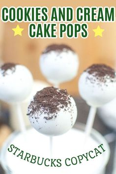 three cake pops with chocolate sprinkles on top and the words cookies and cream cake pops above them