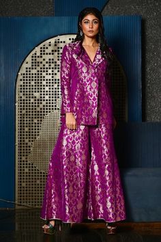 Purple blazer with all over handwoven floral pattern. Paired with a coordinating handwoven sharara. - Aza Fashions Brocade Jackets Women, Sonia Khatri, Indo Western Outfits For Women, Abhinav Mishra, Beige Kurta, Varun Bahl, Brocade Jacket, Yellow Kurta, Sharara Pants