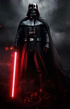 darth vader standing in the dark with his lights on and holding a red light saber