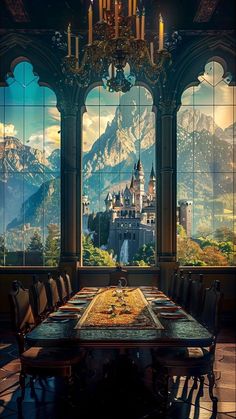 an image of a castle in the middle of a table with candles on it and mountains outside