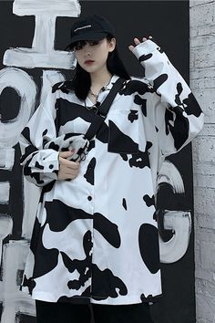 Loose Cow Milk Printed Long Sleeve Shirt – Tomscloth Casual Cow Print Tops For Spring, Spring Casual Cow Print Tops, Casual Spring Tops With Cow Print, Casual Long Sleeve Cow Print Top, Casual Long Sleeve Tops With Cow Print, Cow Milk, Milk Cow, Kpop Fashion Outfits, Girls Fashion Clothes