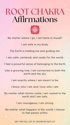 Positive Yoga Affirmations, Base Chakra Affirmations, Root Chakra Unbalanced, Affirmations For Root Chakra, How To Open Your Root Chakra, Root Chakra Balancing, Root Chakra Affirmations Mantra, Healing The Root Chakra, Love And Spirituality