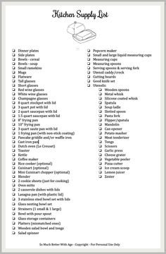 the kitchen supply list is shown in black and white