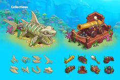 an underwater scene with various items for the game, including a pirate ship and other sea creatures