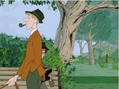 a man walking down a sidewalk next to a tree with a pipe in his mouth