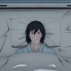 an anime character laying in bed with his hand under his chin