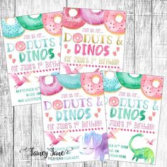 three printable birthday cards with donuts and dinos in pink, green, blue and