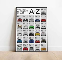 a poster with cars in different colors and sizes on the wall next to a wooden floor