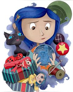 a girl with blue hair is surrounded by toys and other items, including a cat