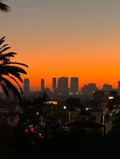 the sun is setting over a cityscape with palm trees in front of it