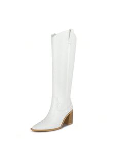 Blanco  Collar     Embellished White Faux Leather Knee-high Boots For Fall, Western Leather Knee-high Boots With Block Heel, White Block Heel Knee-high Boots For Fall, White Wide Calf Boots With Block Heel, White Faux Leather Heeled Boots With Square Toe, White Faux Leather Square Toe Heeled Boots, Trendy White Wide Calf Heeled Boots, Fall Heeled Boots With Block Heel, Knee-high Heeled Boots In Polyurethane