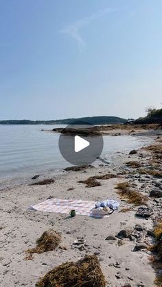 a blanket is laying on the beach next to the water and some grass in front of it