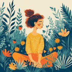 a woman is sitting in the middle of flowers and plants