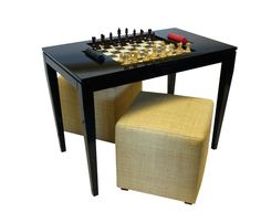 a chess table with two chairs and a footstool in front of it on a white background