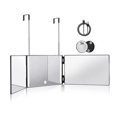 a mirror with two mirrors and an object hanging on it's side, in front of a white background