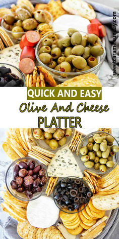 Olives, crackers, cheese, bread and cabanossi pieces on platter with text written between 2 images. Olives For Charcuterie Board, Cheese Cracker Olive Platter, Olive Platter Appetizers, Pickles Olives Cheese Tray, Cheese And Olive Board, Olive And Cheese Platter, Olive Board Appetizers, Cheese And Pickle Tray, Cheese And Olive Tray Ideas