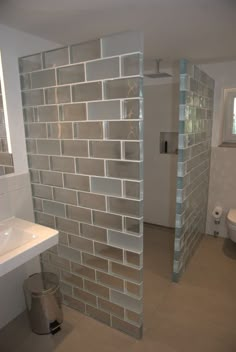 a bathroom with a glass block wall next to a sink and toilet in the background