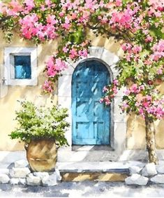 a painting of a blue door surrounded by pink flowers