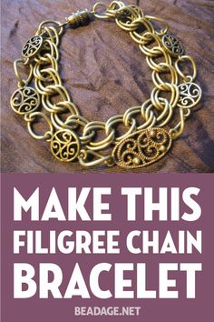 Make this Filigree Link Bracelet! | This charming chain bracelet is great jewelry making DIY wire project for beginners! | craft, beading, jewelry making, tutorial, step by step project, clasp, wire, chain, bracelet, findings, easy, simple, quick, elegant, chunky, boho, funky, design #diyjewelry #jewelrymaking Simple Jewerly, Jewerly Ring, Prom Hair Accessories, Antler Jewelry, Diy Gold, Necklace Indian, Earring Organizer, Kids Bracelets